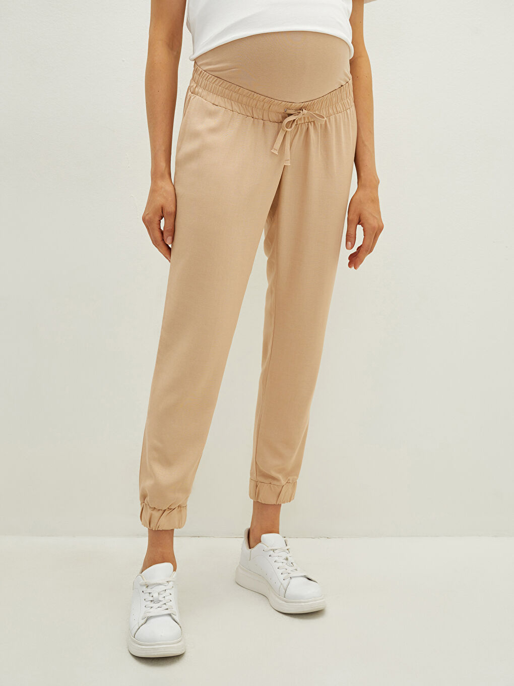 Bej Karın Panelli Beli Lastikli Düz Keten Karışımlı Hamile Pantolon-5