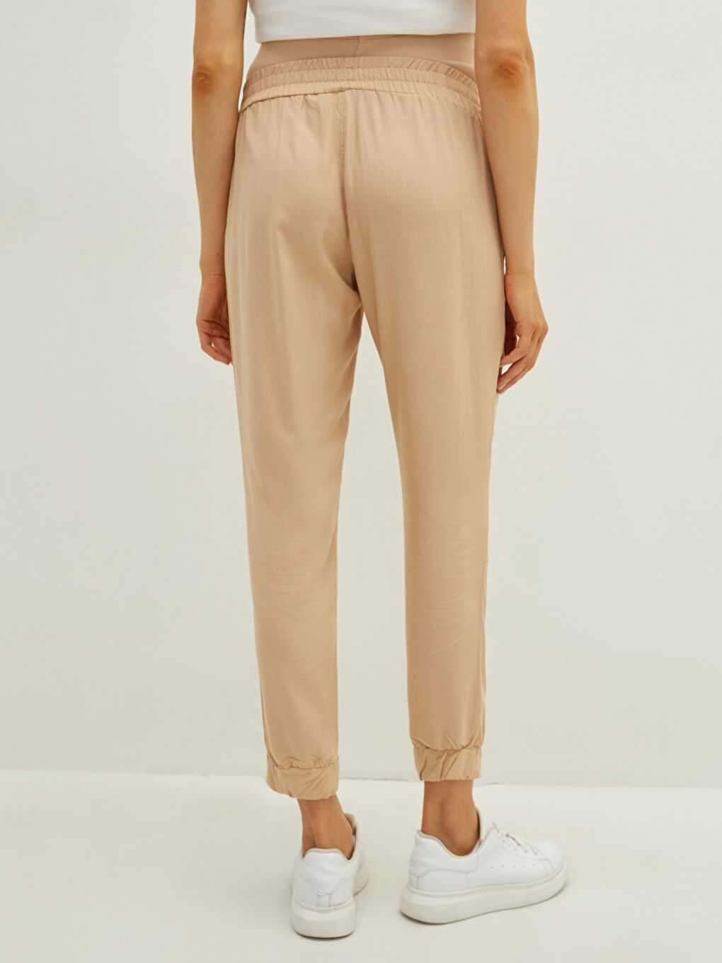 Bej Karın Panelli Beli Lastikli Düz Keten Karışımlı Hamile Pantolon-6