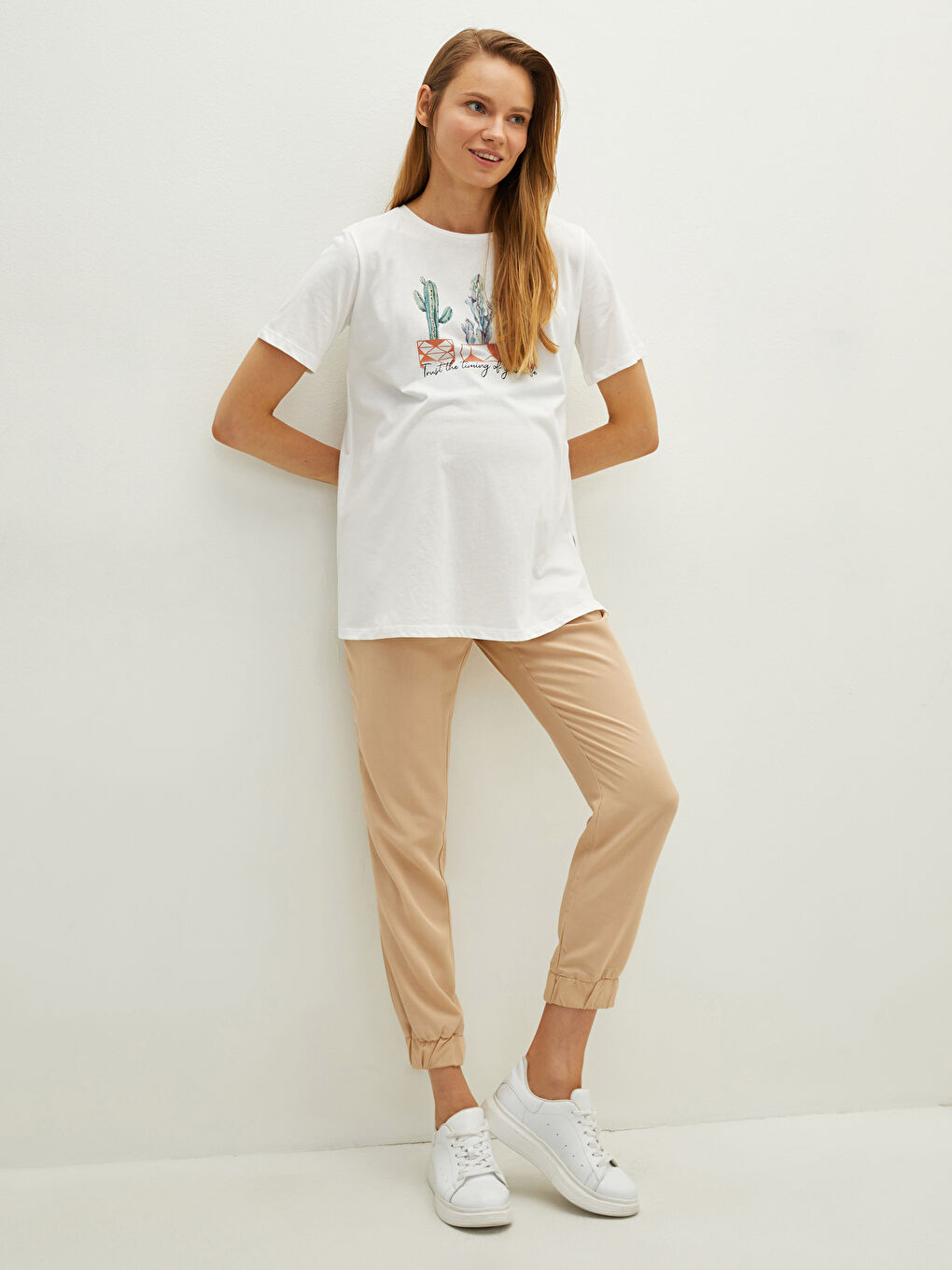 Bej Karın Panelli Beli Lastikli Düz Keten Karışımlı Hamile Pantolon