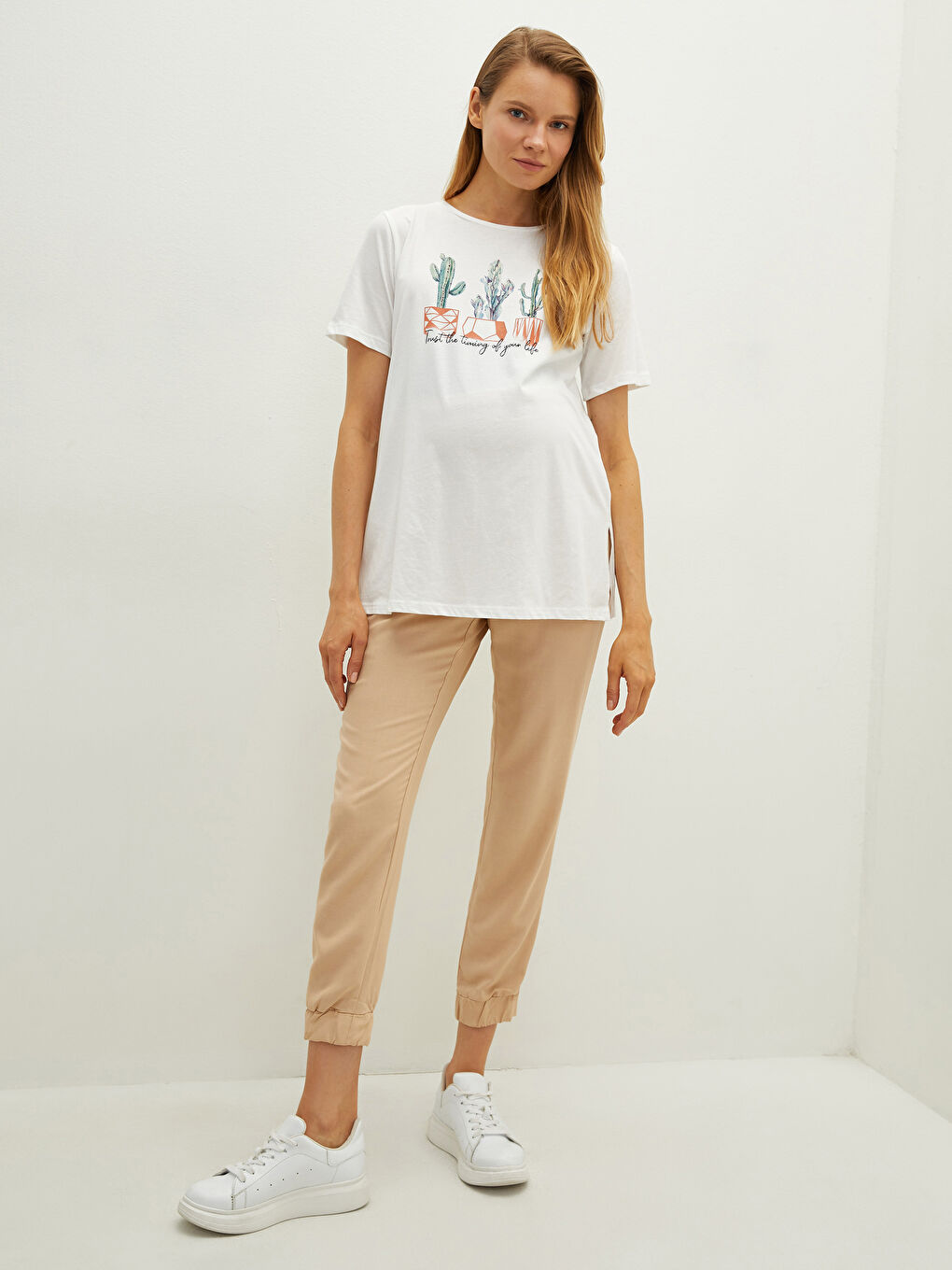 Bej Karın Panelli Beli Lastikli Düz Keten Karışımlı Hamile Pantolon-1