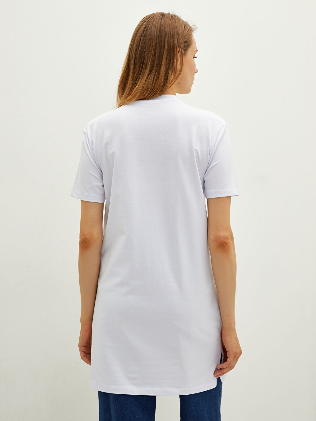 Beyaz Bisiklet Yaka Baskılı Kısa Kollu Pamuklu Hamile Tunik-5