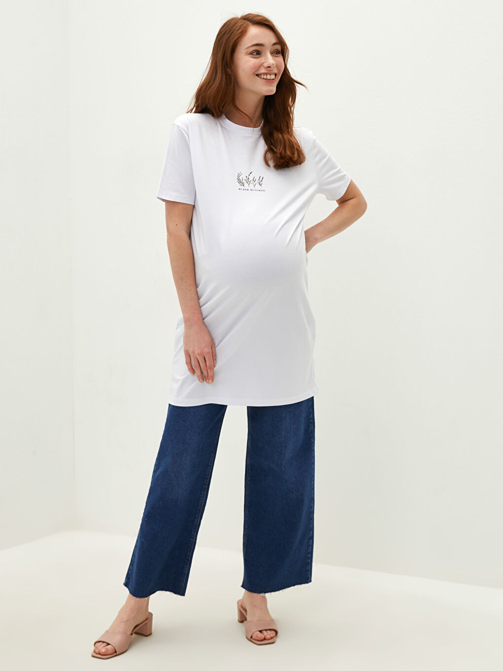 Beyaz Bisiklet Yaka Baskılı Kısa Kollu Pamuklu Hamile Tunik-7