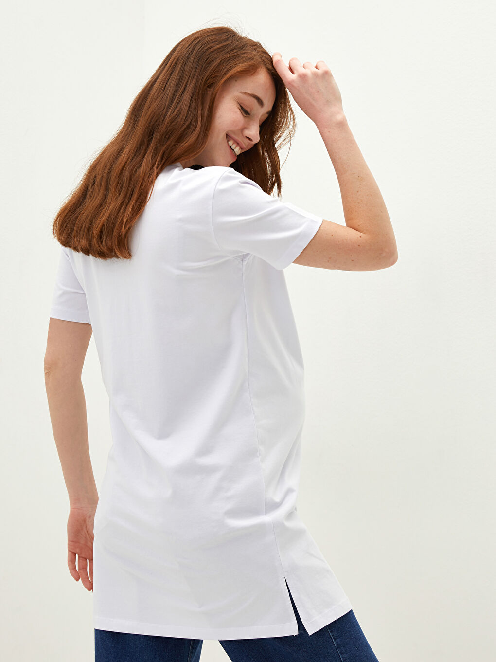 Beyaz Bisiklet Yaka Baskılı Kısa Kollu Pamuklu Hamile Tunik-8