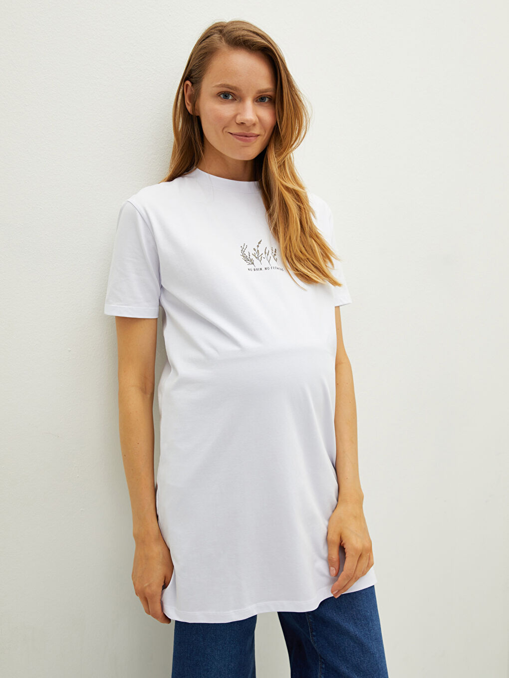 Beyaz Bisiklet Yaka Baskılı Kısa Kollu Pamuklu Hamile Tunik