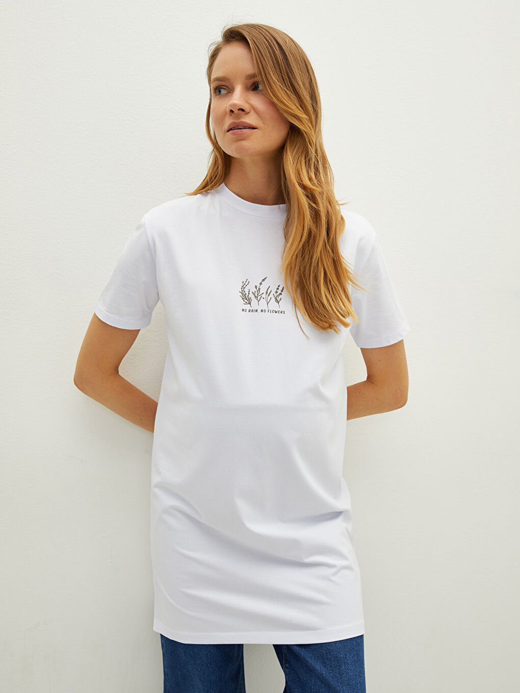 Beyaz Bisiklet Yaka Baskılı Kısa Kollu Pamuklu Hamile Tunik-2