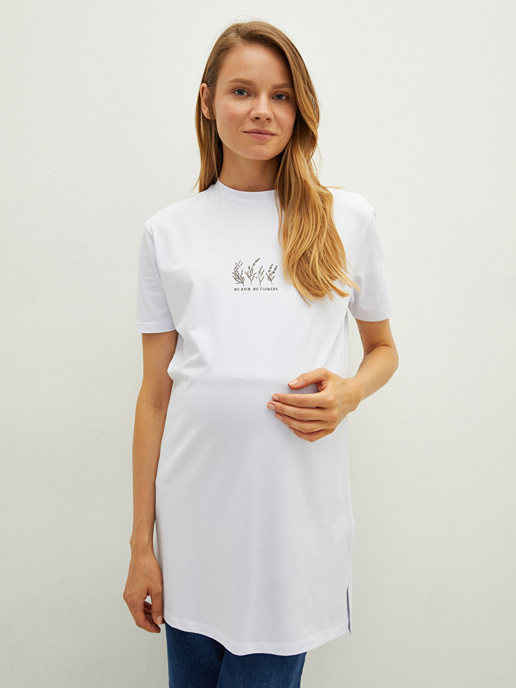 Beyaz Bisiklet Yaka Baskılı Kısa Kollu Pamuklu Hamile Tunik-3