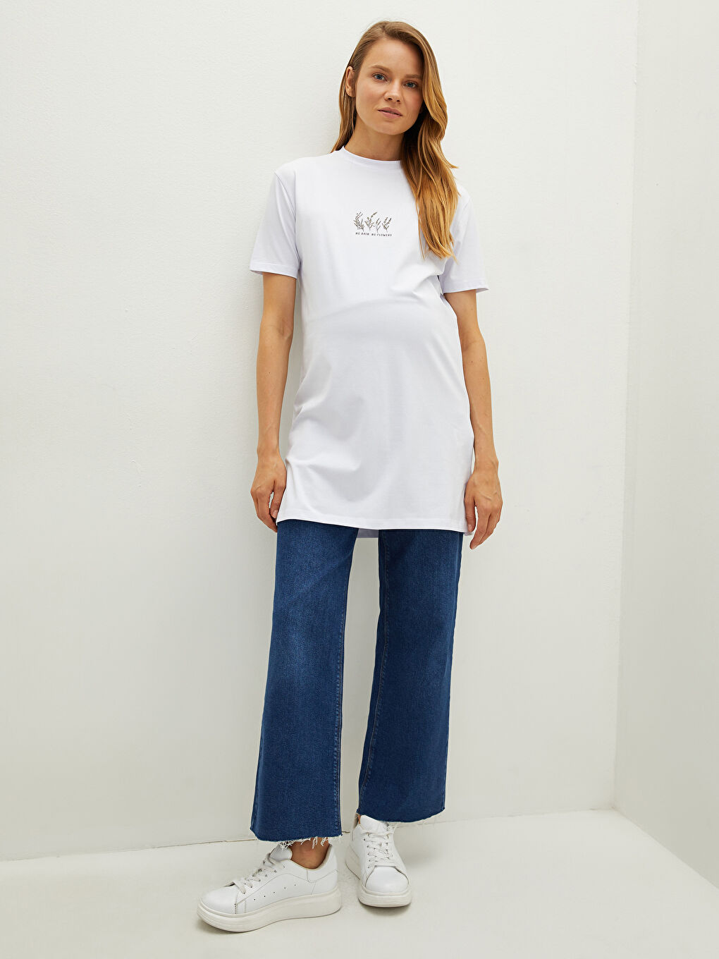 Beyaz Bisiklet Yaka Baskılı Kısa Kollu Pamuklu Hamile Tunik-4