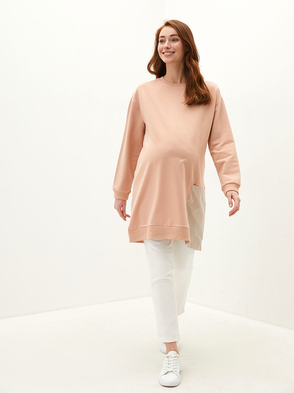 Pembe Bisiklet Yaka Renk Bloklu Uzun Kollu Hamile Sweatshirt Tunik-6