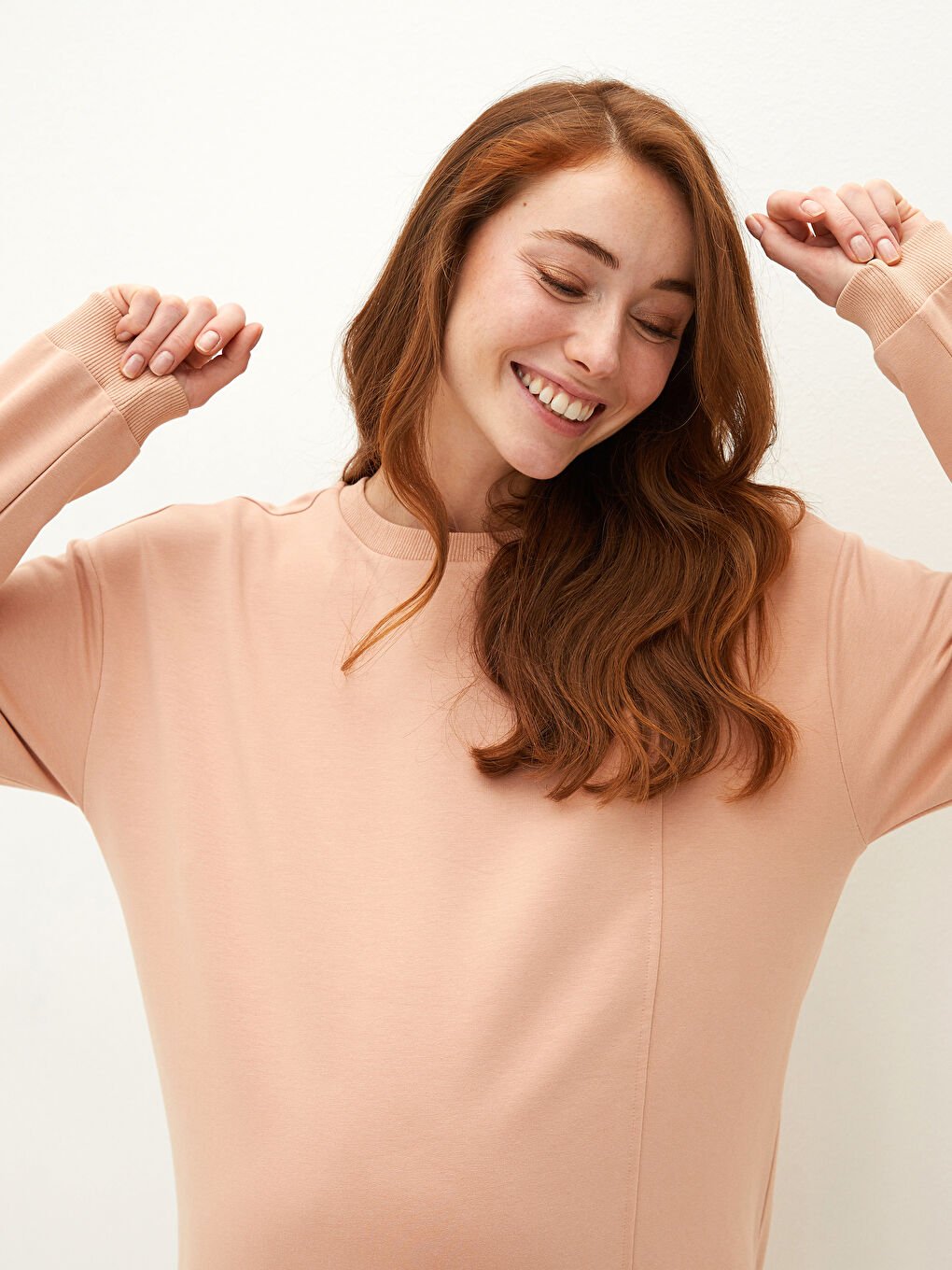 Pembe Bisiklet Yaka Renk Bloklu Uzun Kollu Hamile Sweatshirt Tunik-7