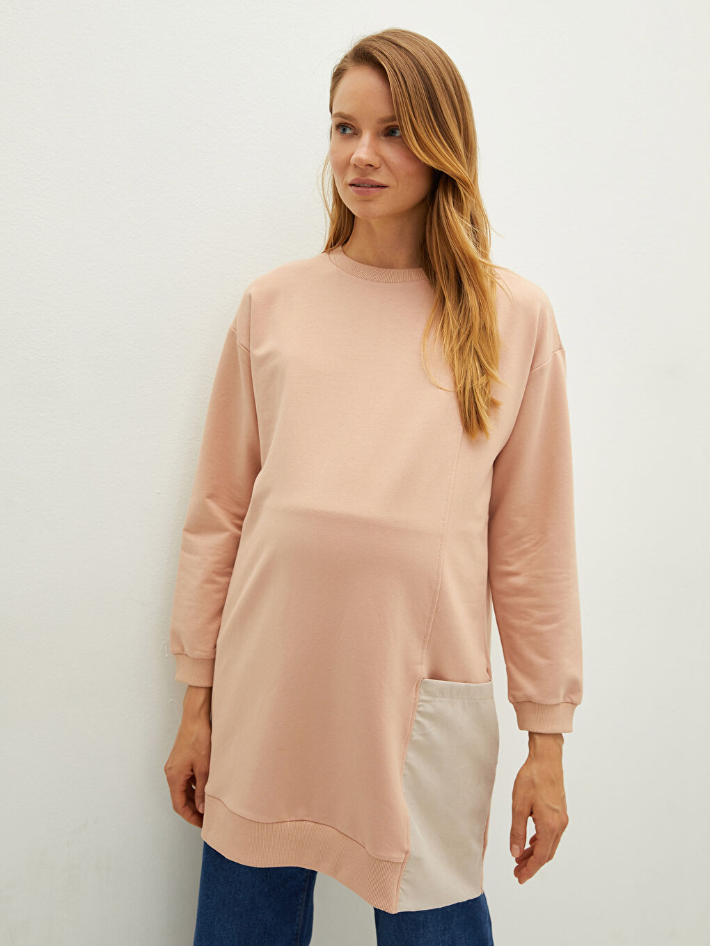 Pembe Bisiklet Yaka Renk Bloklu Uzun Kollu Hamile Sweatshirt Tunik