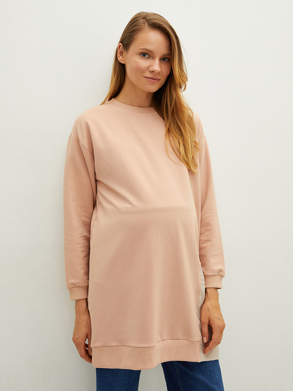 Pembe Bisiklet Yaka Renk Bloklu Uzun Kollu Hamile Sweatshirt Tunik-1