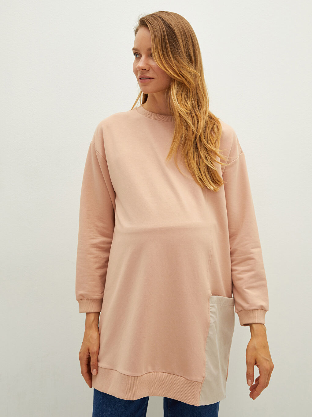 Pembe Bisiklet Yaka Renk Bloklu Uzun Kollu Hamile Sweatshirt Tunik-2