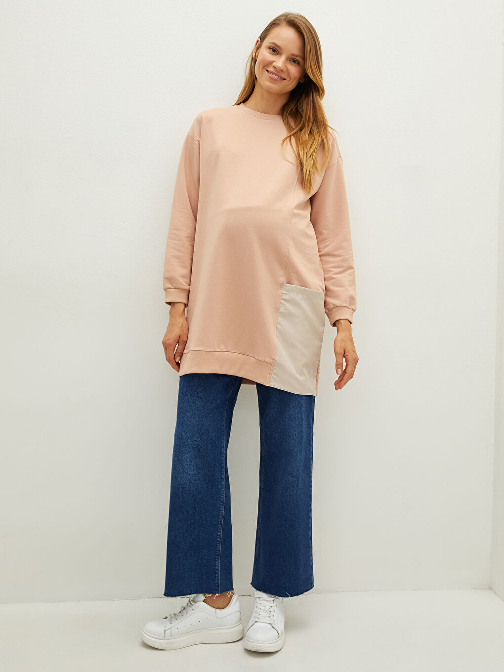 Pembe Bisiklet Yaka Renk Bloklu Uzun Kollu Hamile Sweatshirt Tunik-3