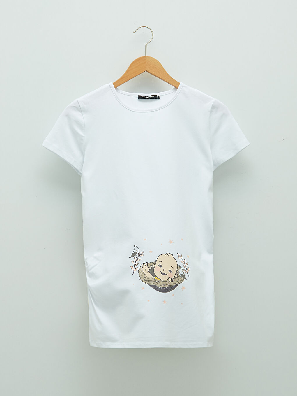 Beyaz Bisiklet Yaka Baskılı Kısa Kollu Hamile Tişört-5