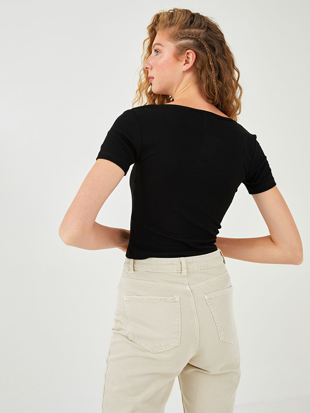 V-Neck Plain Short Sleeve Camisole Fabric Women's T-Shirt-4