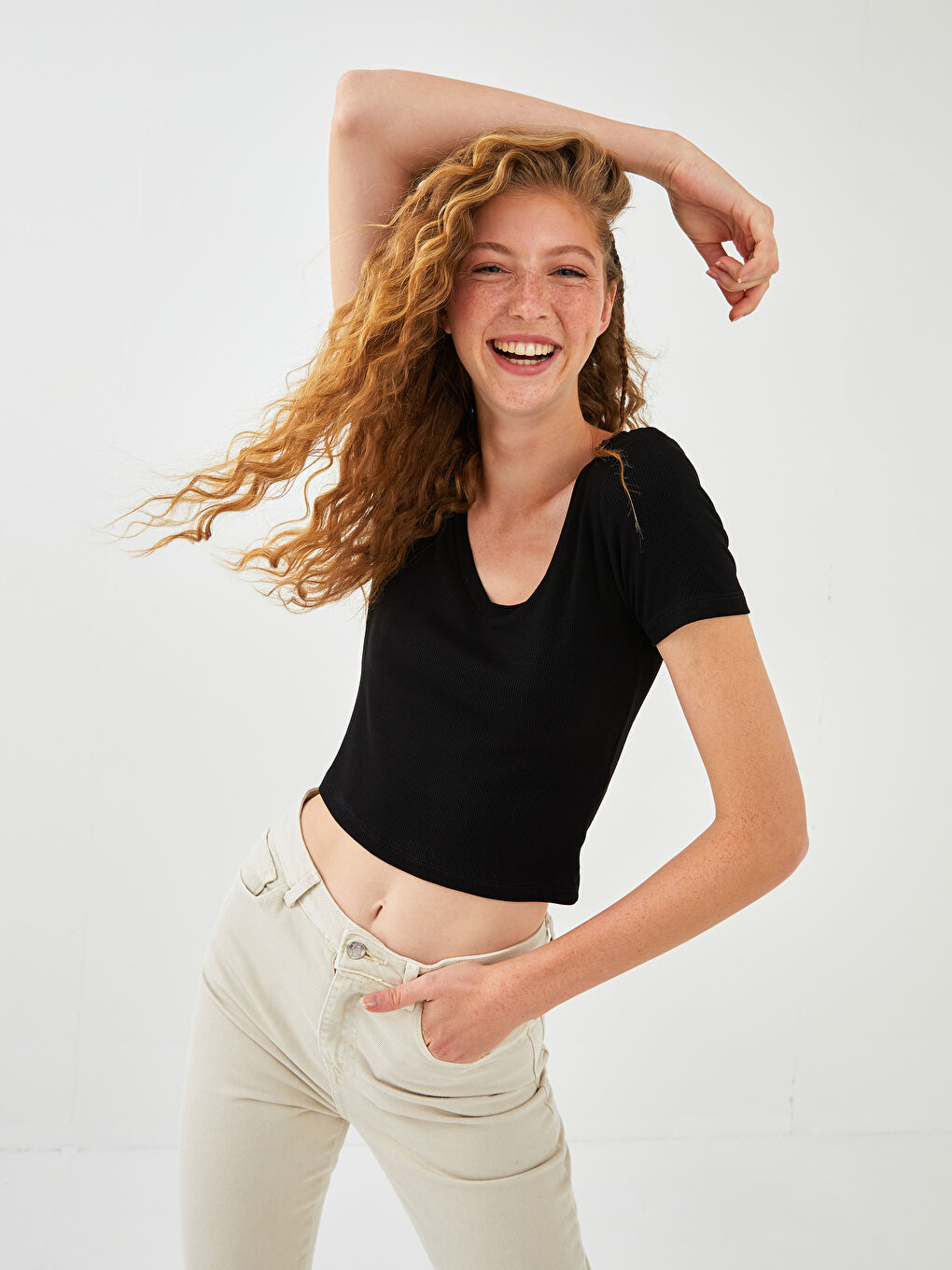 V-Neck Plain Short Sleeve Camisole Fabric Women's T-Shirt-1