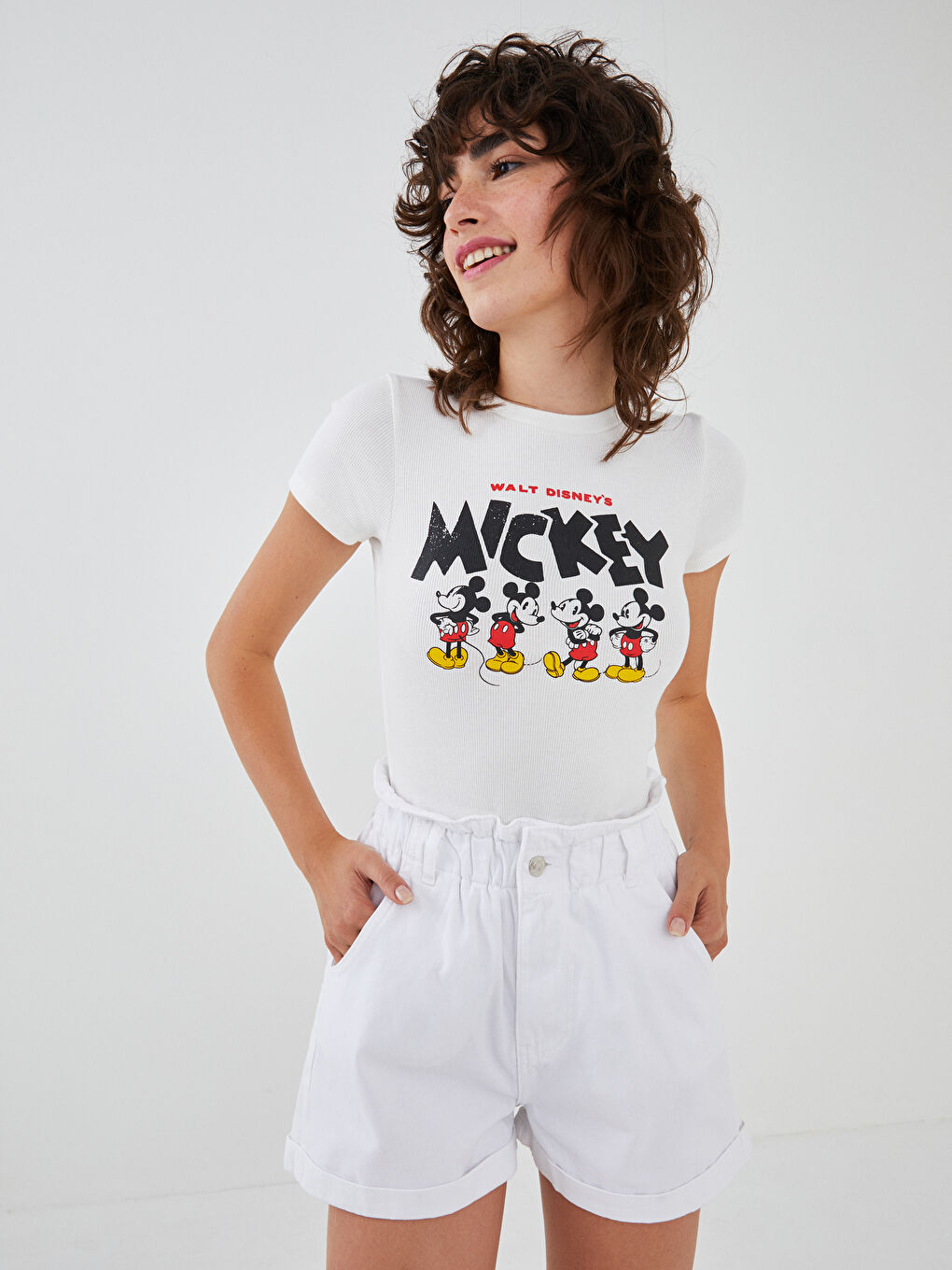 Crew Neck Mickey Mouse Printed Short Sleeve Women's Crop Top-1