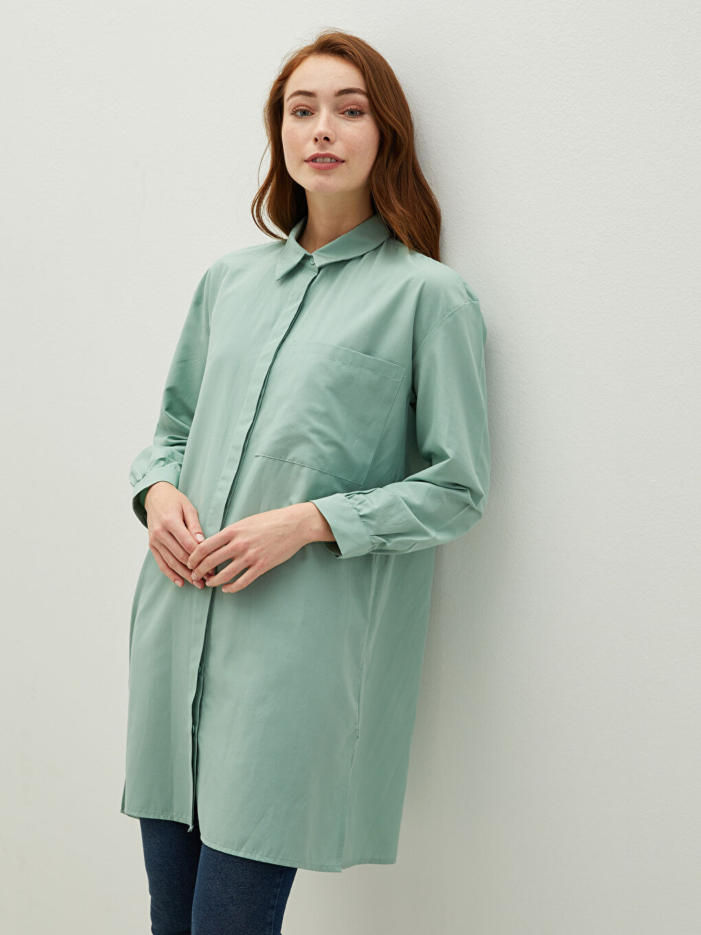 Plain Long Sleeve Oversize Poplin Women's Shirt Tunic