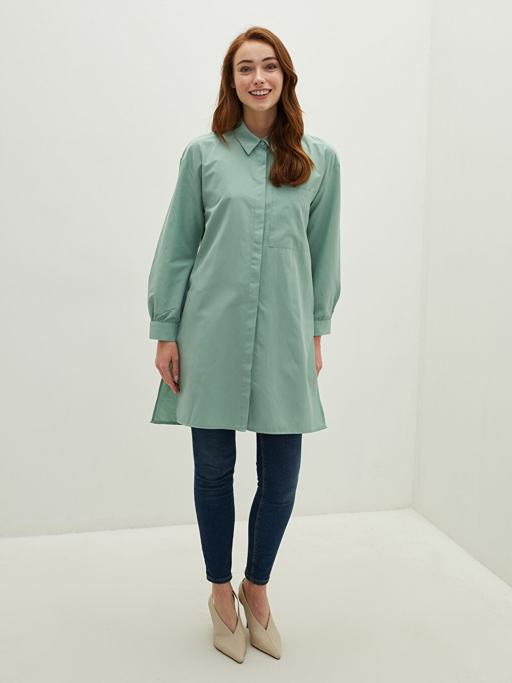 Plain Long Sleeve Oversize Poplin Women's Shirt Tunic-1