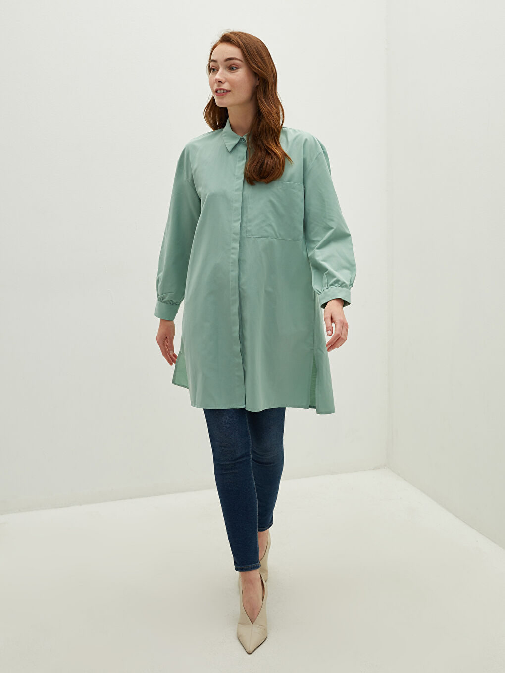 Plain Long Sleeve Oversize Poplin Women's Shirt Tunic-2