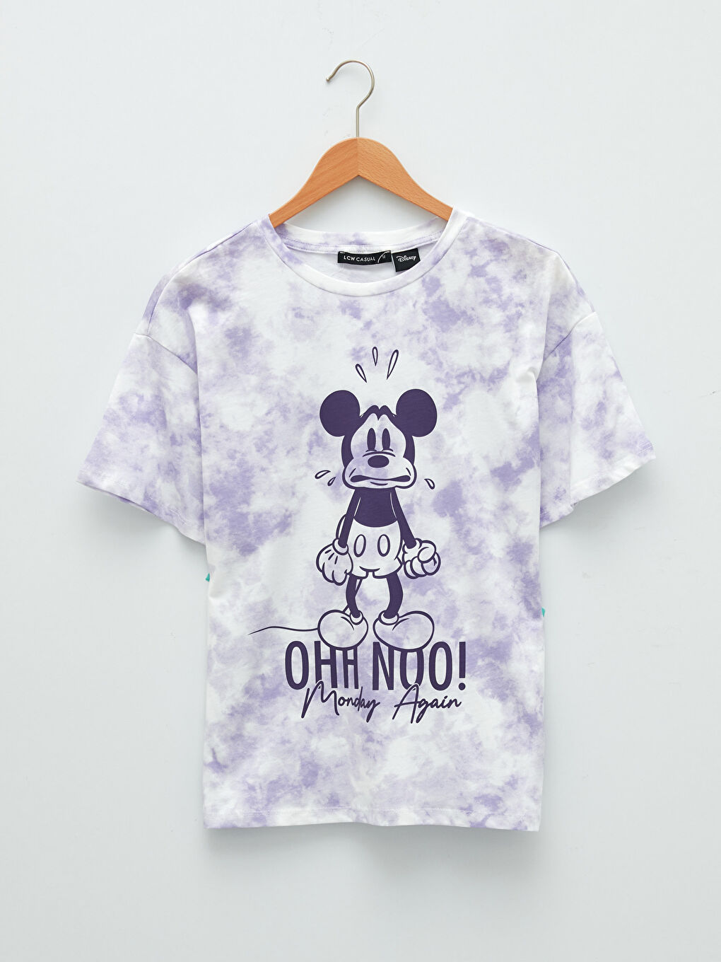 Lila Bisiklet Yaka Mickey Mouse Baskılı Kısa Kollu Pamuklu Kadın Tişört-4