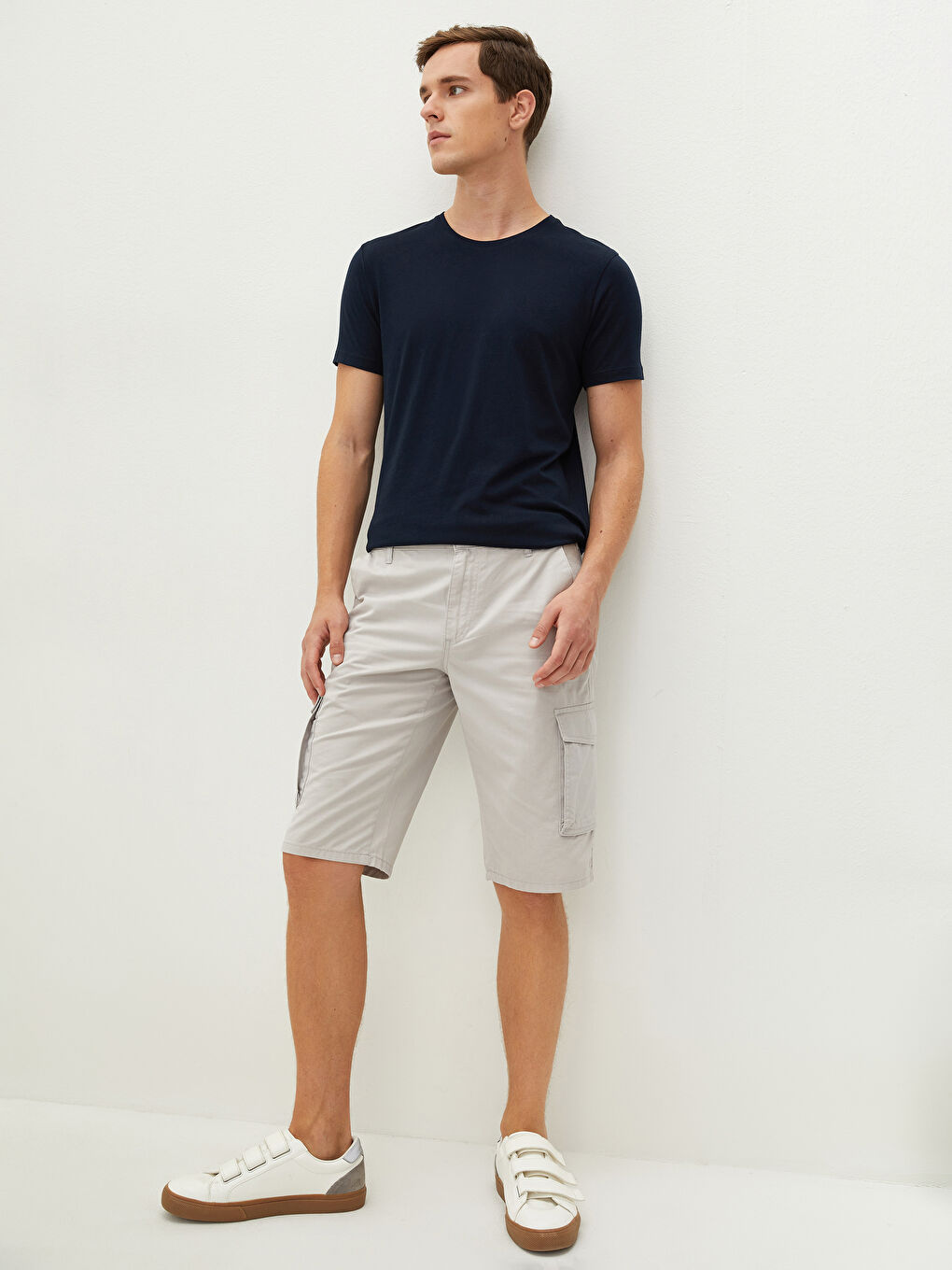 Bej Standart Kalıp Gabardin Erkek Kargo Şort-2