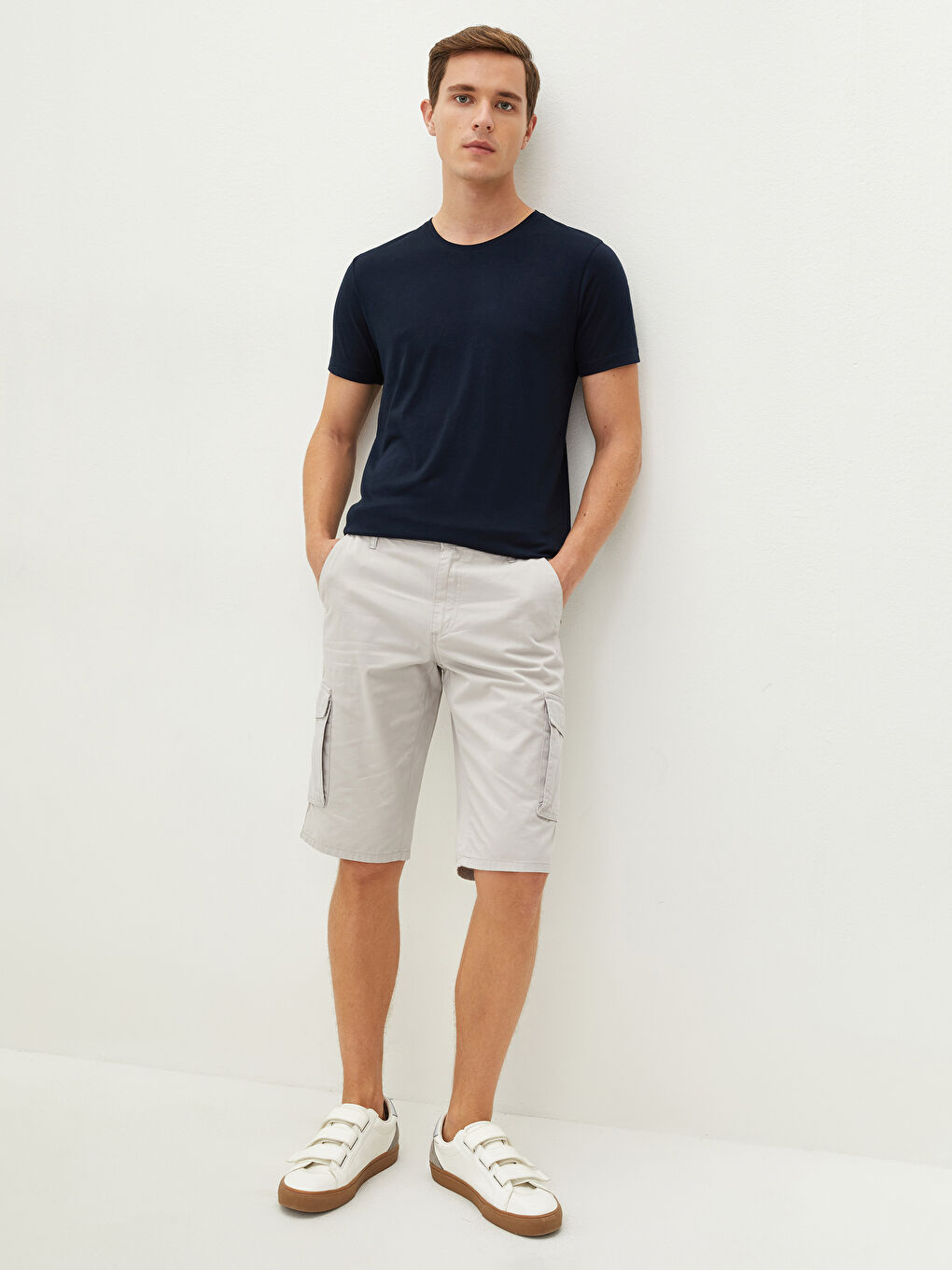 Bej Standart Kalıp Gabardin Erkek Kargo Şort-3