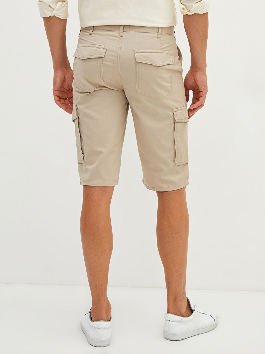 Bej Standart Kalıp Gabardin Erkek Kargo Şort-4