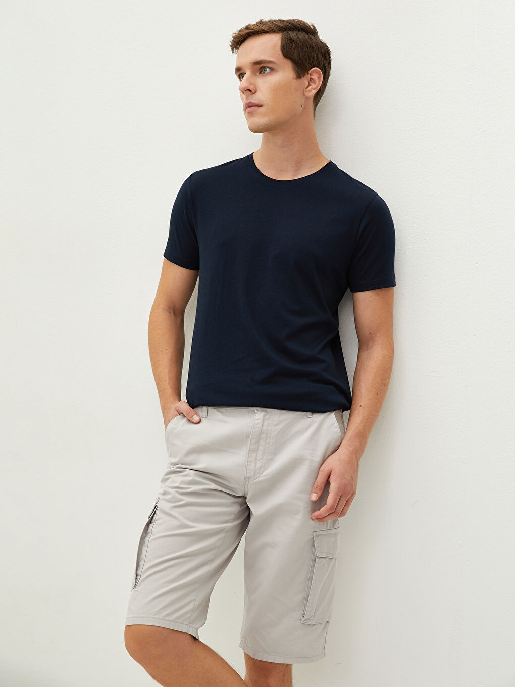 Bej Standart Kalıp Gabardin Erkek Kargo Şort-1