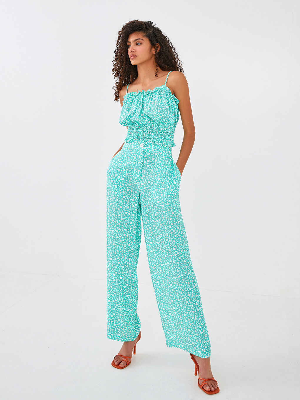 Блузка из вискозы с квадратным воротником, ремешками, цветочным узором и оборками для женщин-4