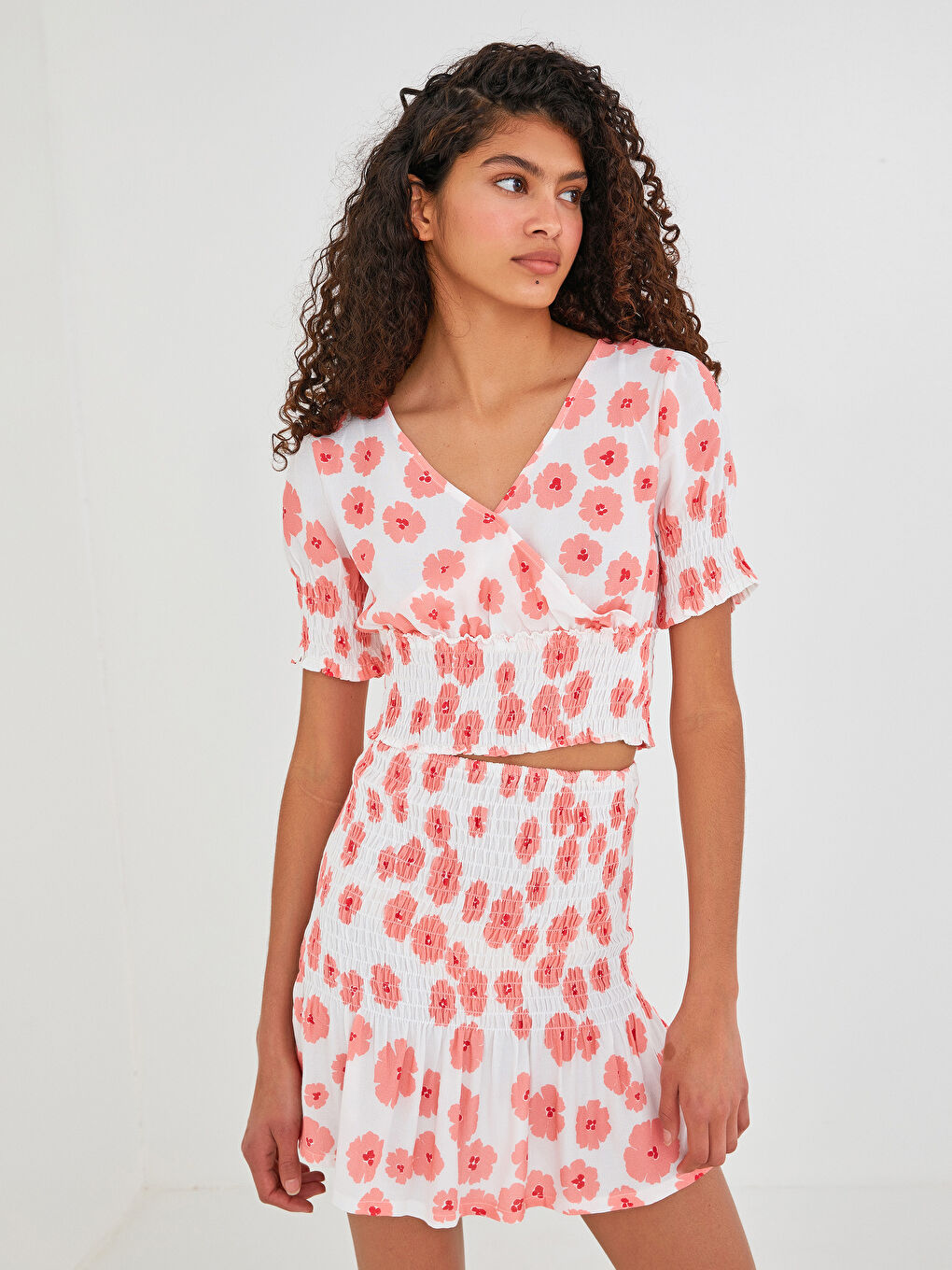 Ekru Beli Lastikli Çiçekli Viskon Kadın Etek-2