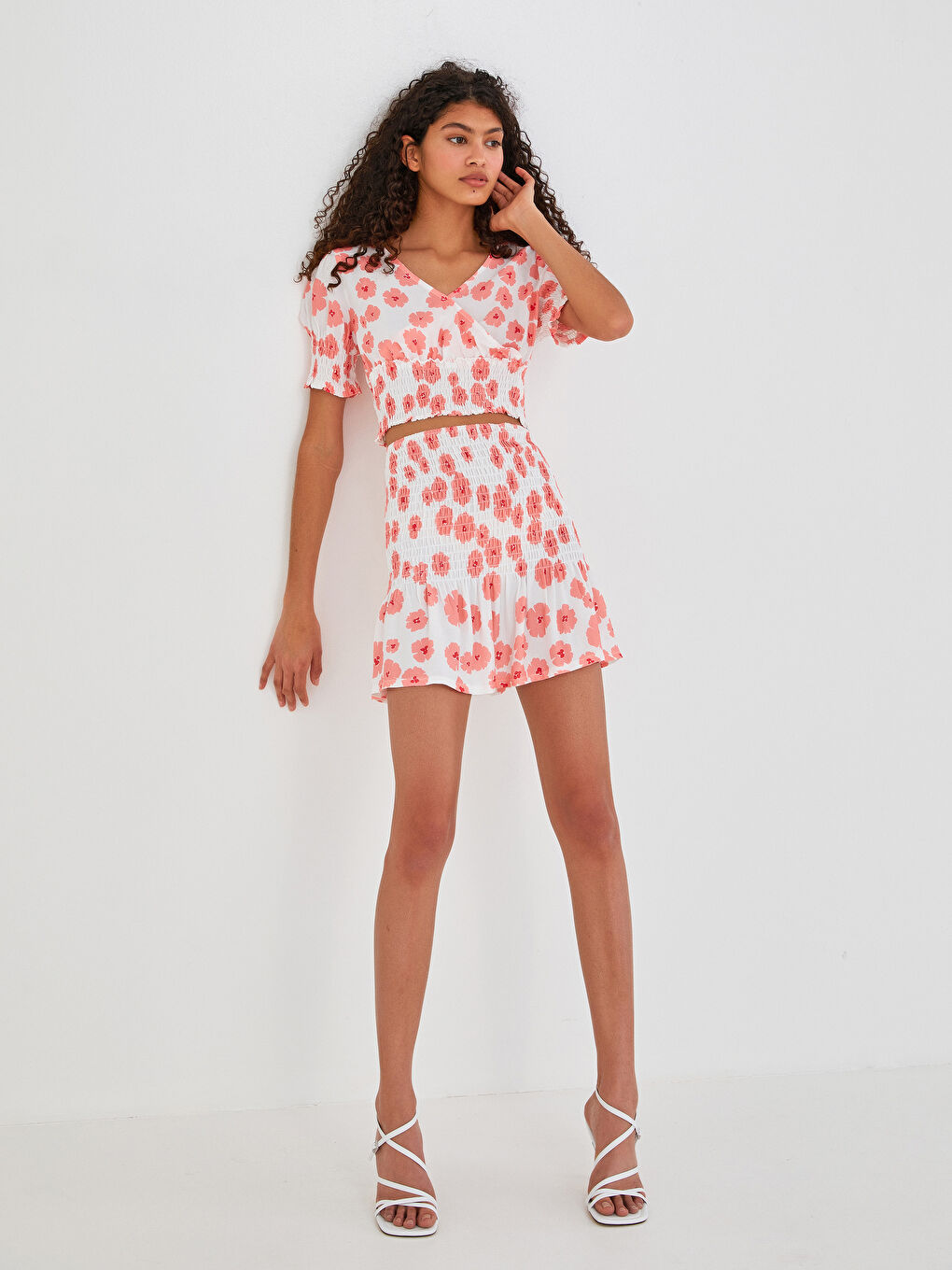 Ekru Beli Lastikli Çiçekli Viskon Kadın Etek-3