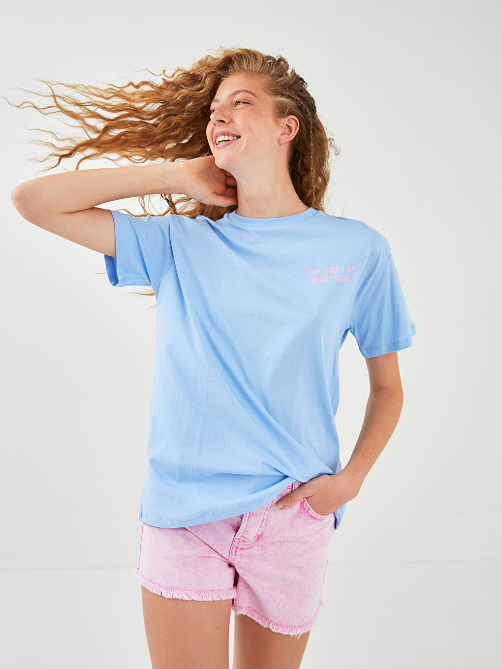 Lila Bisiklet Yaka Baskılı Kısa Kollu Kadın Tişört-2