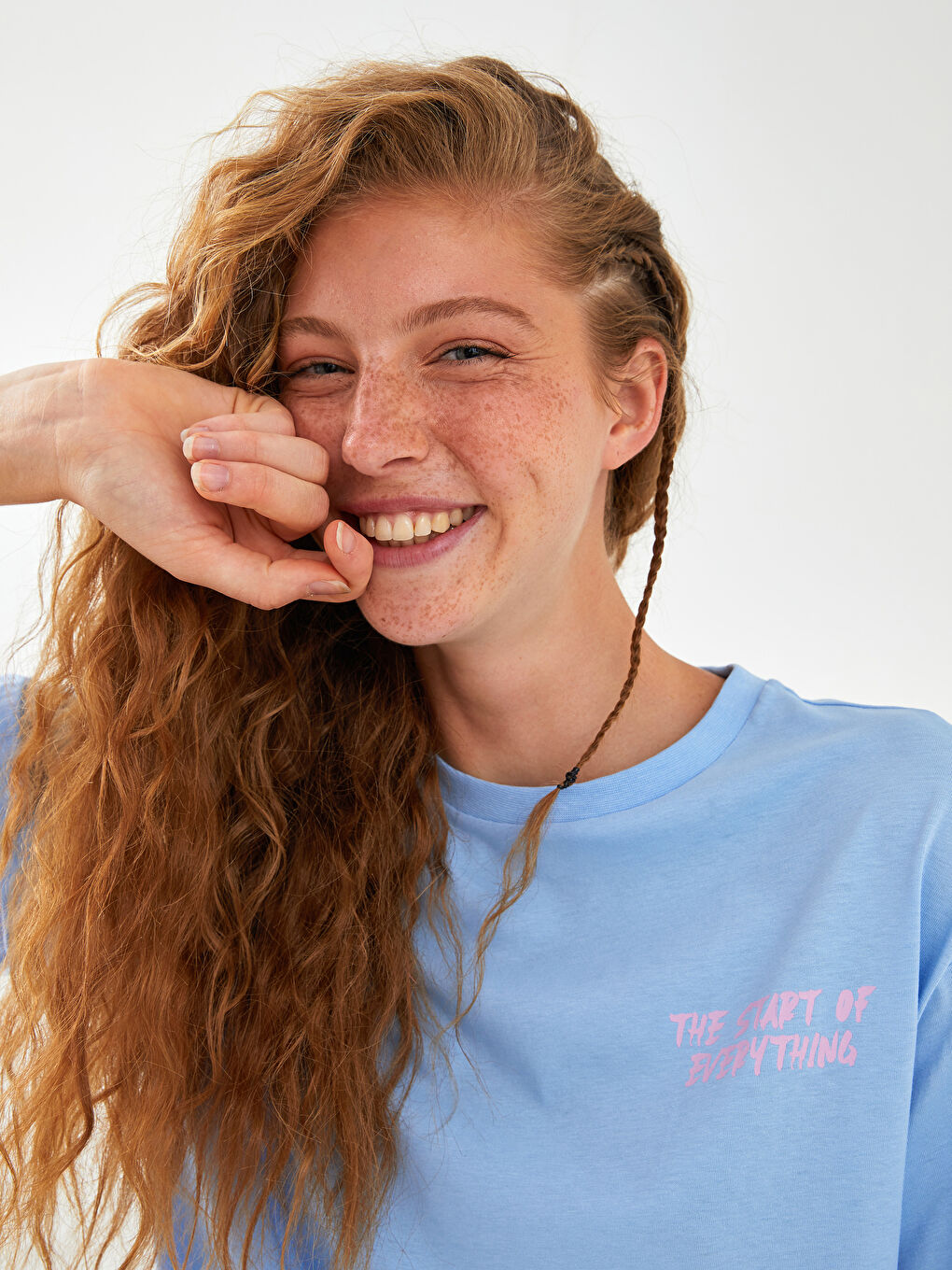 Lila Bisiklet Yaka Baskılı Kısa Kollu Kadın Tişört-3