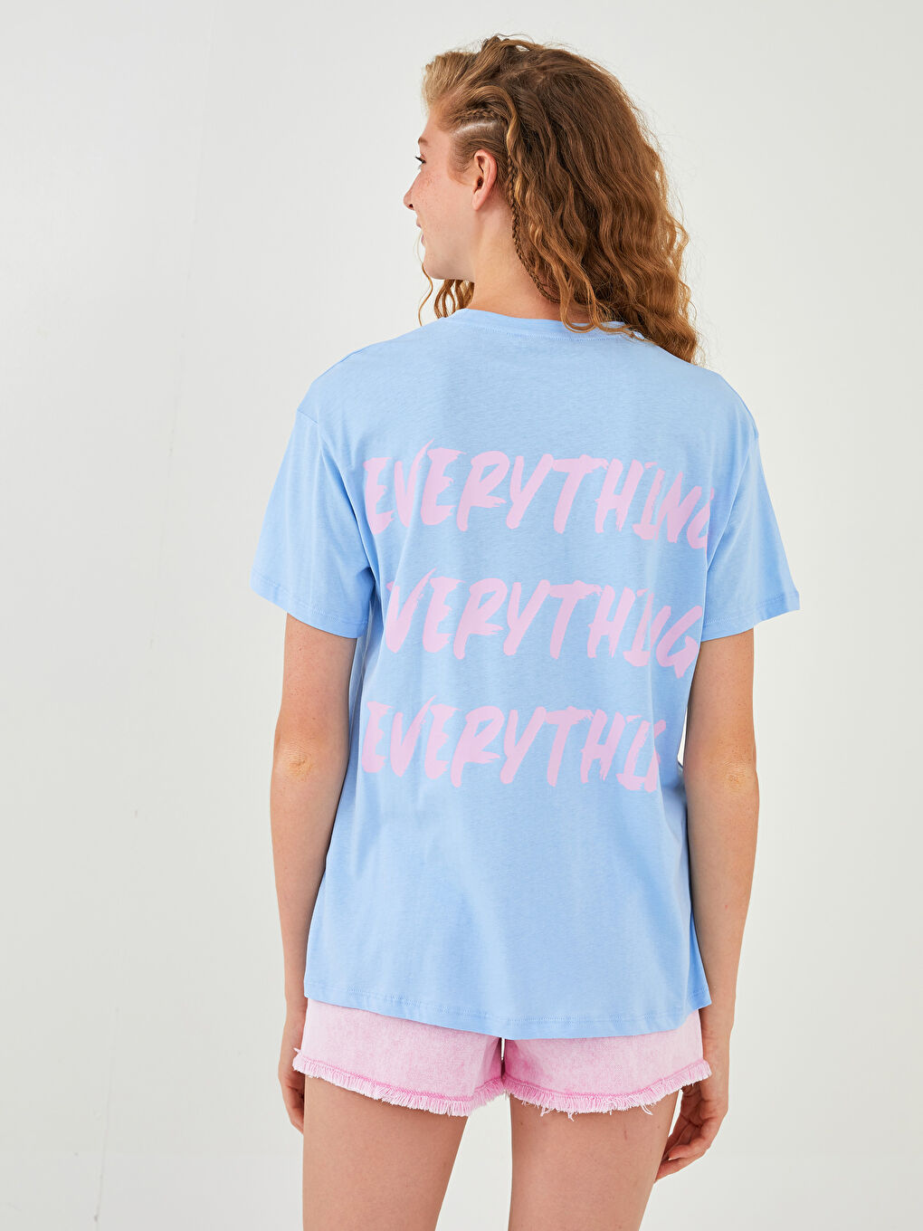 Lila Bisiklet Yaka Baskılı Kısa Kollu Kadın Tişört-5