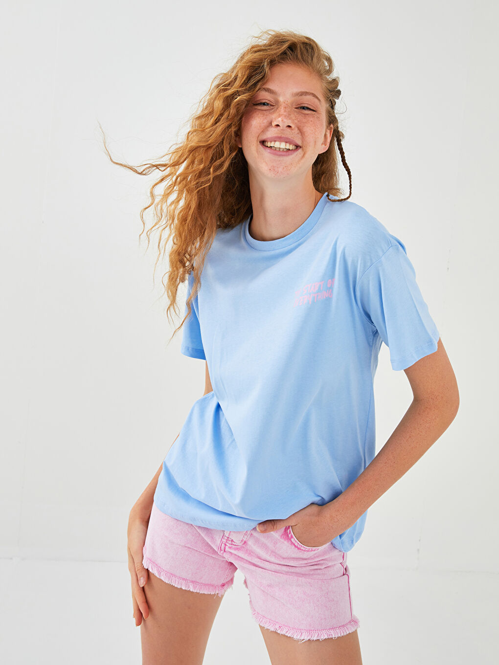 Lila Bisiklet Yaka Baskılı Kısa Kollu Kadın Tişört-1