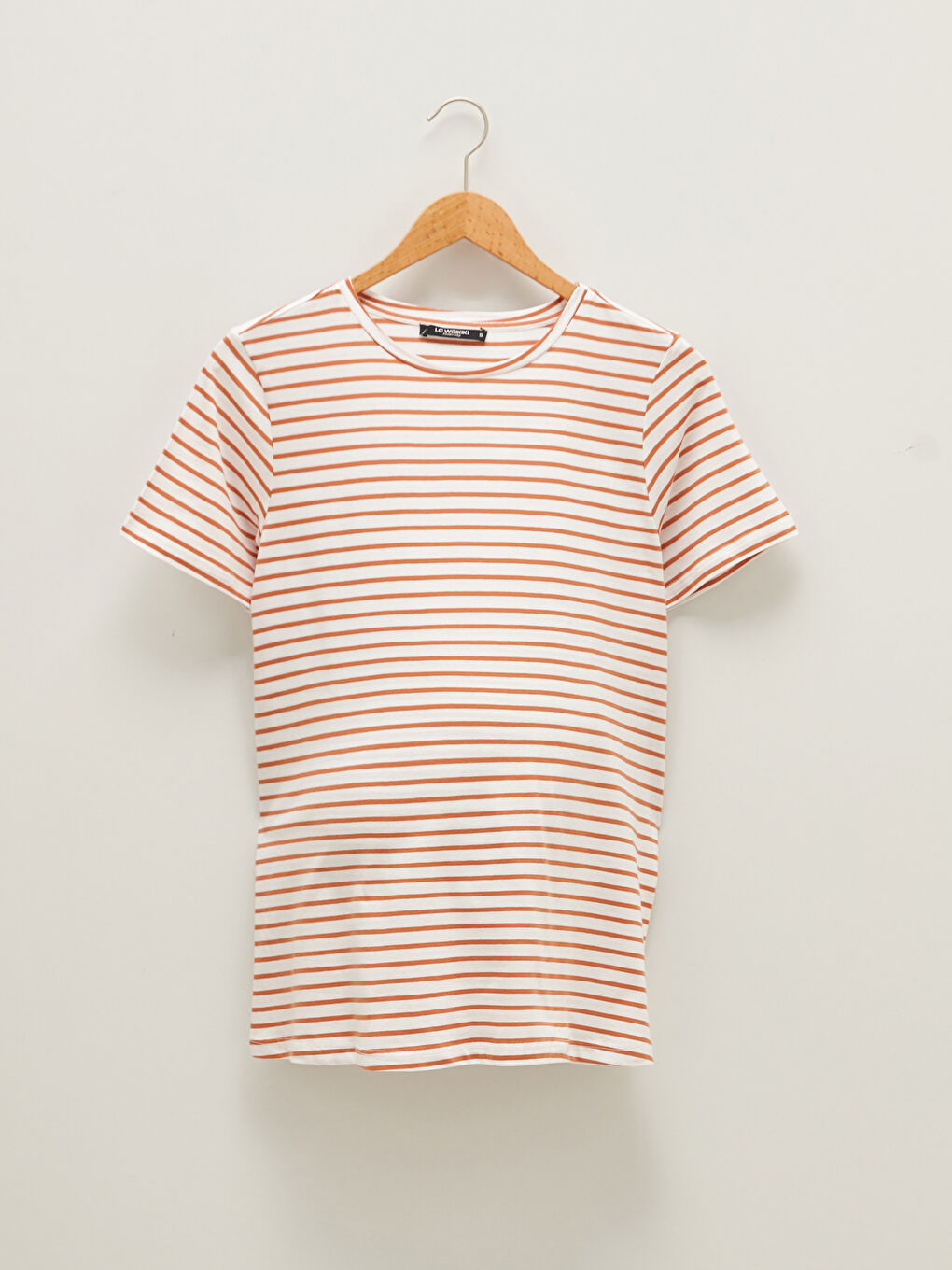 Bej Bisiklet Yaka Çizgili Kısa Kollu Pamuklu Hamile Tişört-9