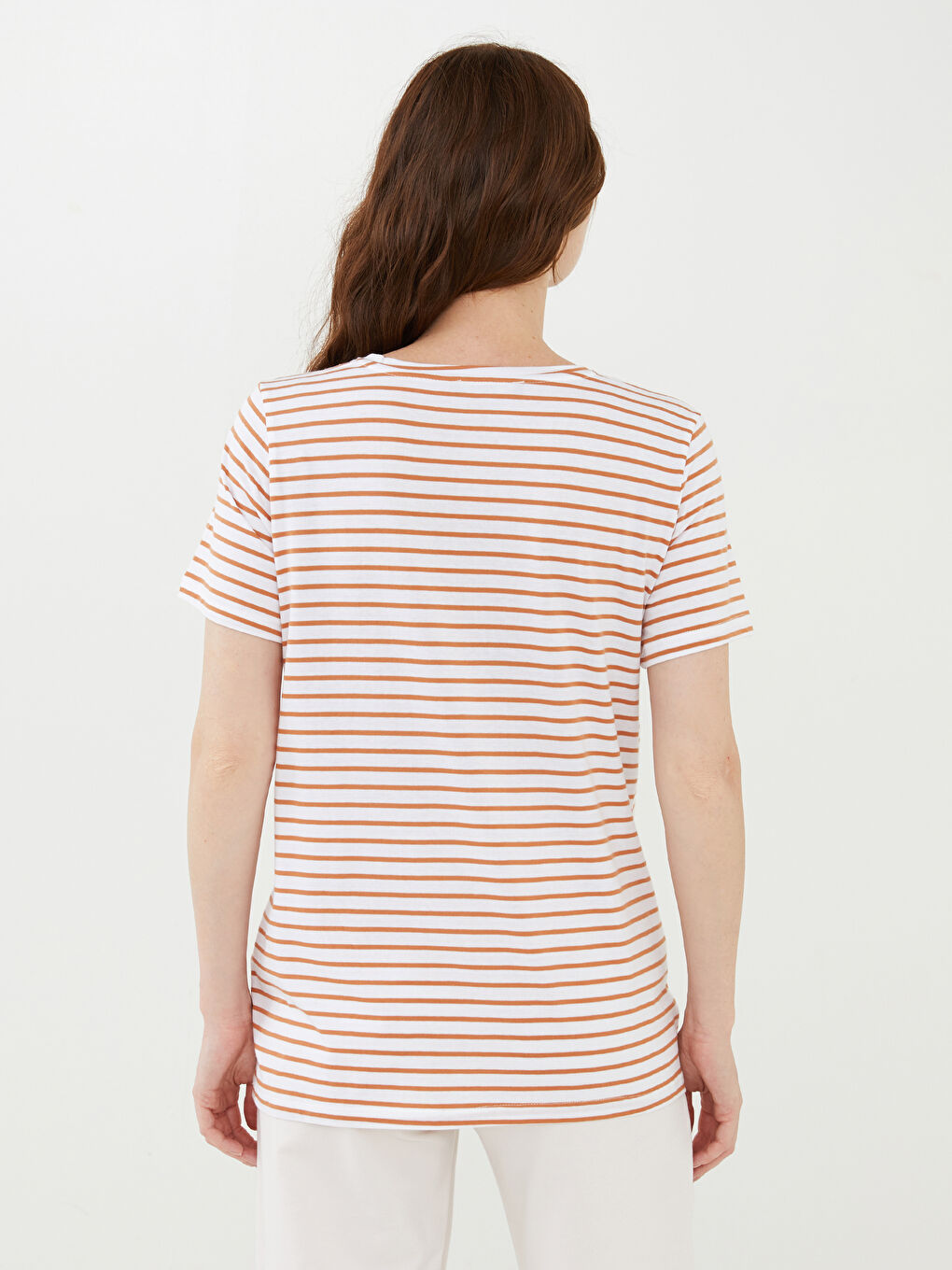 Bej Bisiklet Yaka Çizgili Kısa Kollu Pamuklu Hamile Tişört-4