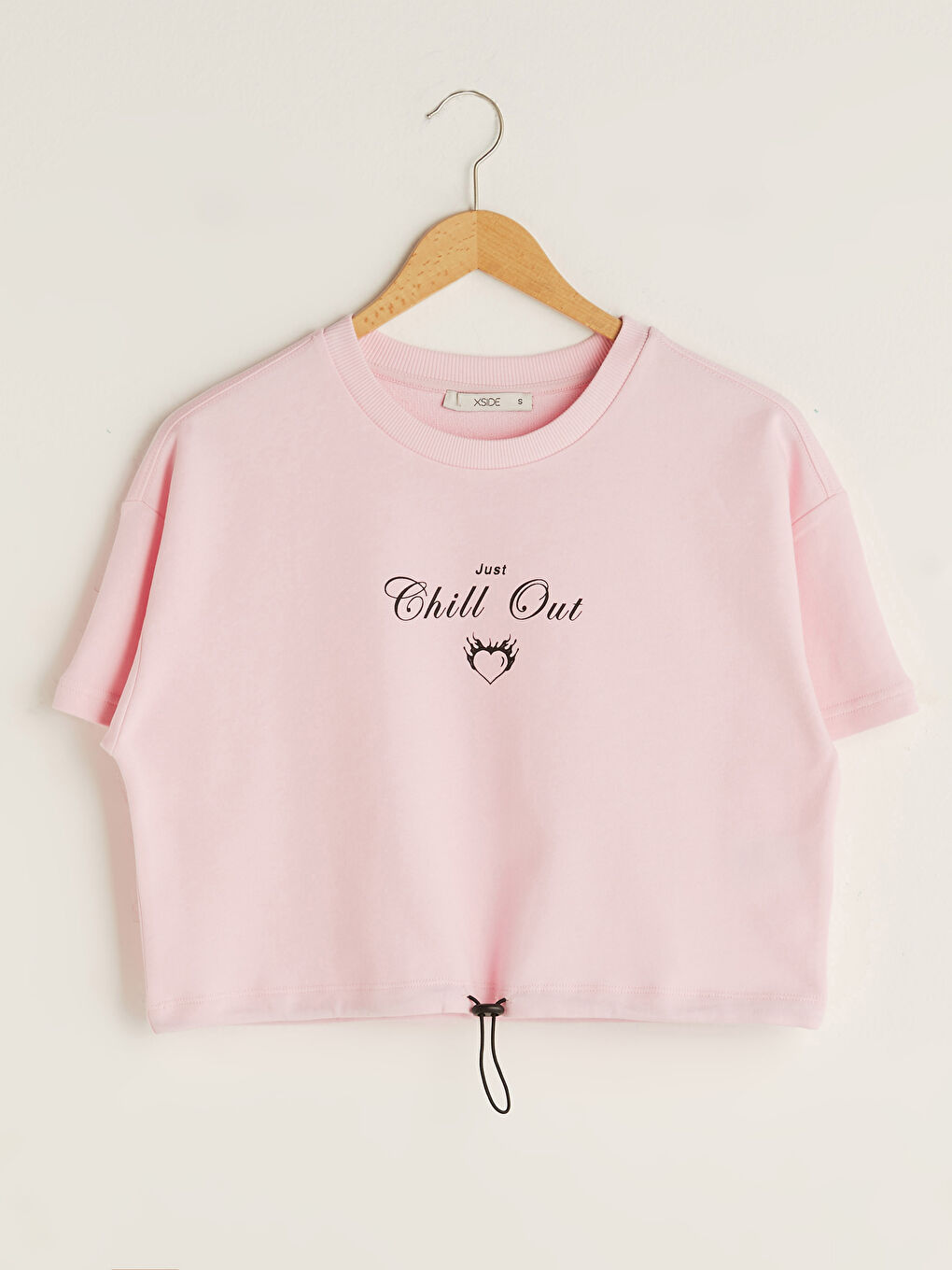 Pembe Bisiklet Yaka Baskılı Kısa Kollu Pamuklu Kadın Sweatshirt-7