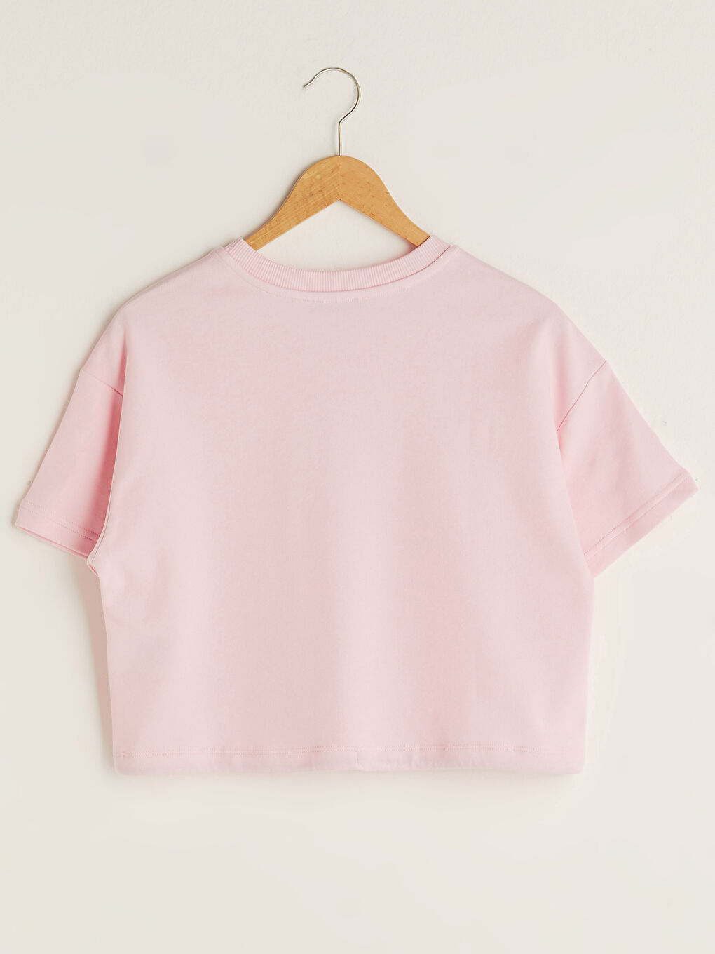 Pembe Bisiklet Yaka Baskılı Kısa Kollu Pamuklu Kadın Sweatshirt-8