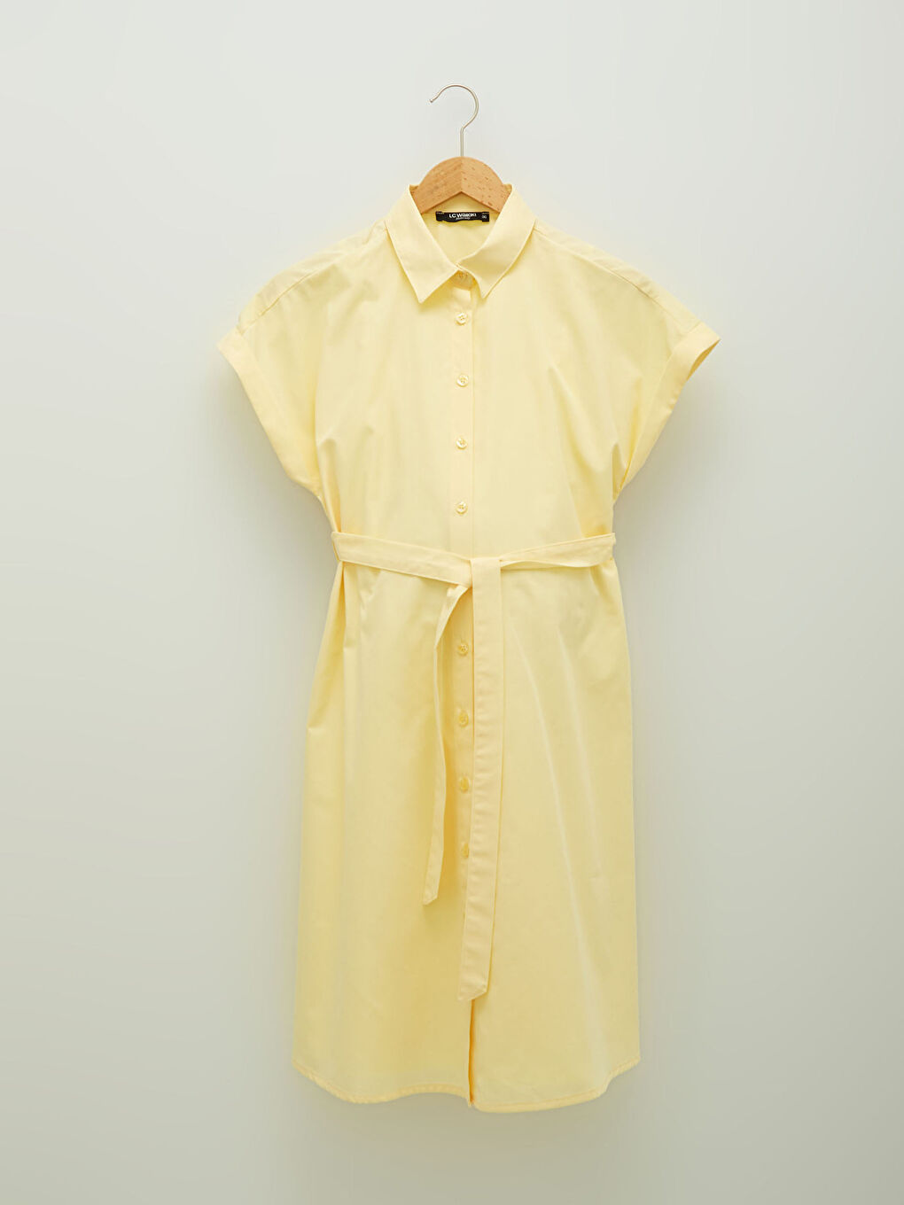 LCW Shirt Collar Straight Short Sleeve Waist Belted Poplin Maternity Dress -S1LA44Z8-FDS