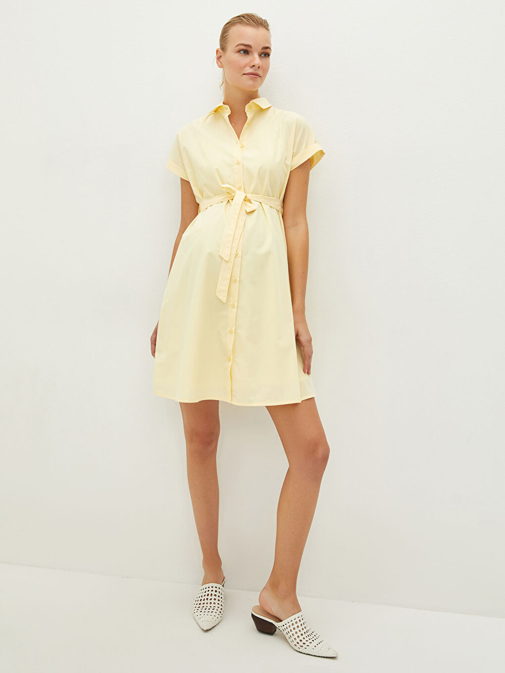 LCW Shirt Collar Straight Short Sleeve Waist Belted Poplin Maternity Dress -S1LA44Z8-FDS