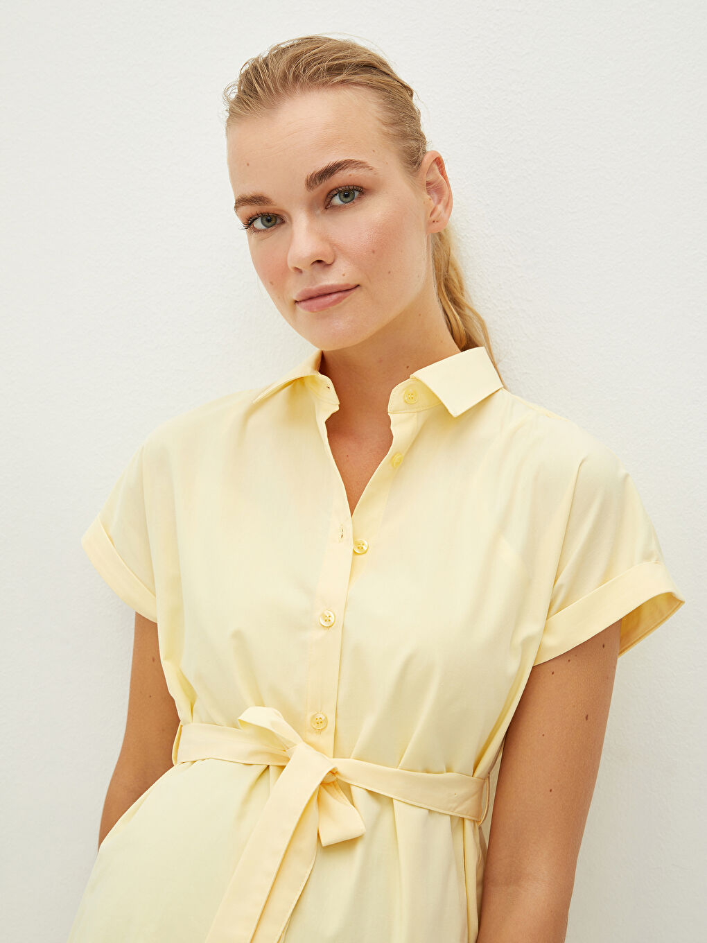 LCW Shirt Collar Straight Short Sleeve Waist Belted Poplin Maternity Dress -S1LA44Z8-FDS