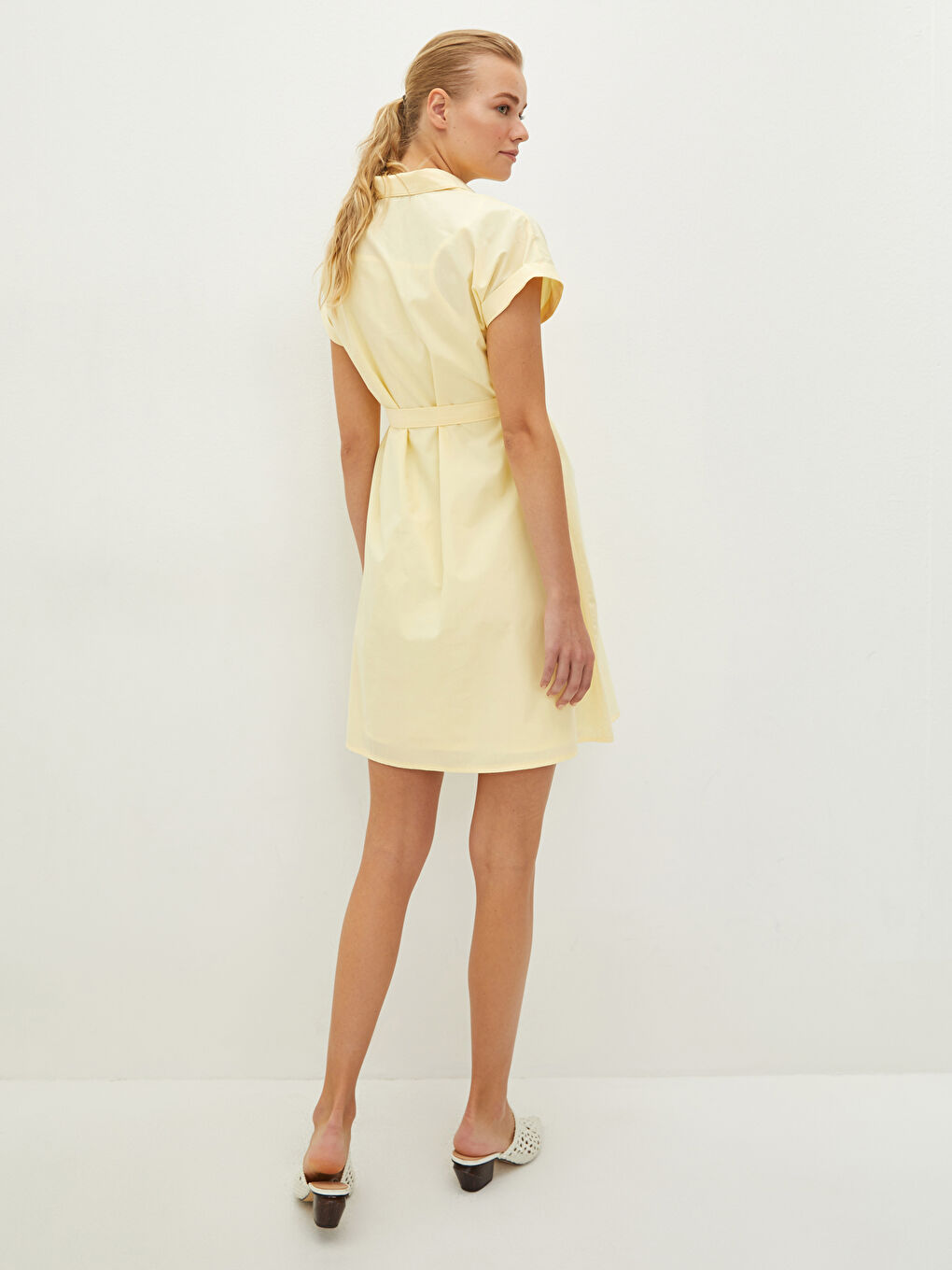 LCW Shirt Collar Straight Short Sleeve Waist Belted Poplin Maternity Dress -S1LA44Z8-FDS