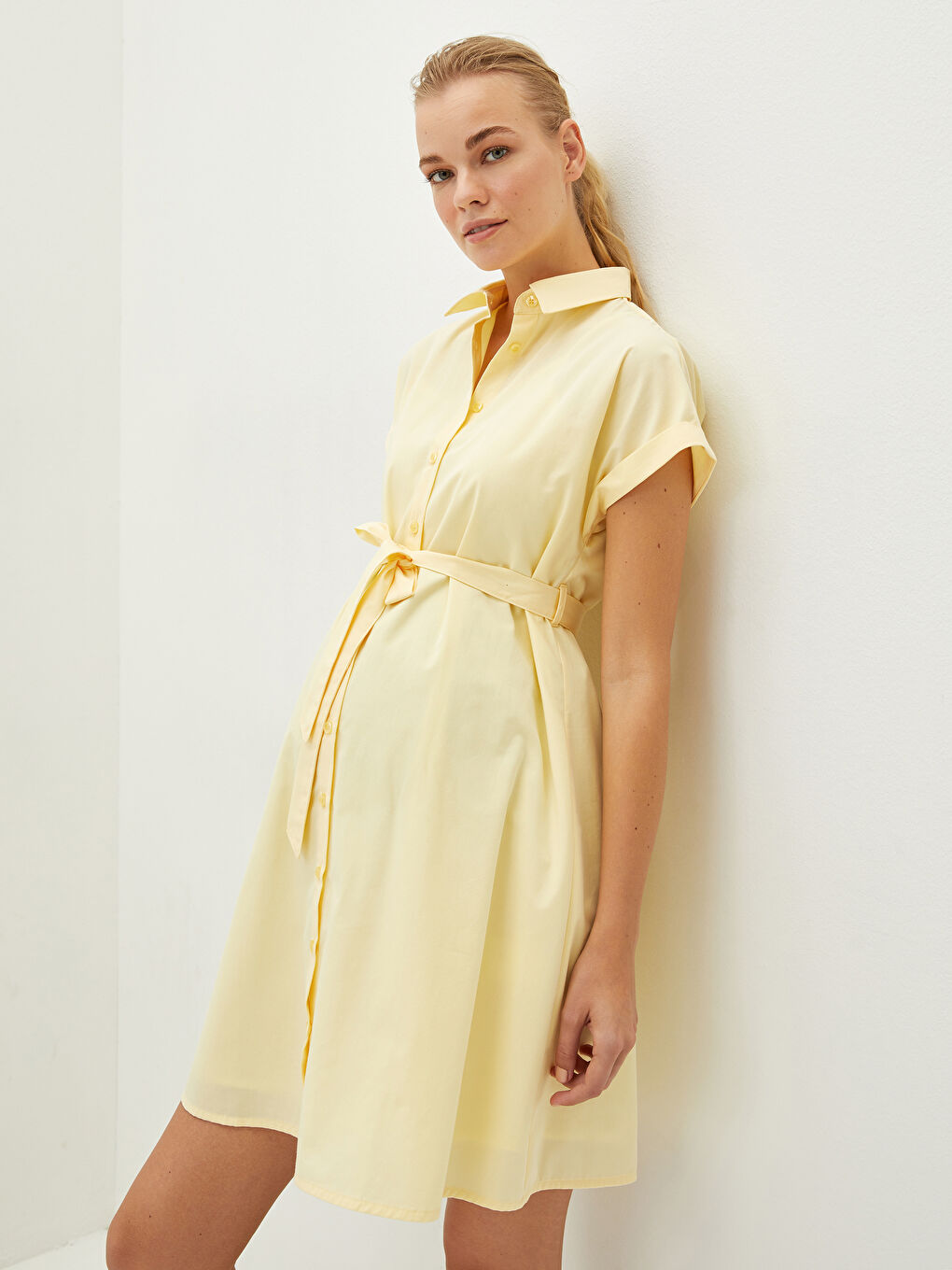LCW Shirt Collar Straight Short Sleeve Waist Belted Poplin Maternity Dress -S1LA44Z8-FDS