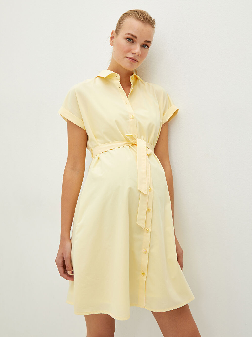 LCW Shirt Collar Straight Short Sleeve Waist Belted Poplin Maternity Dress -S1LA44Z8-FDS