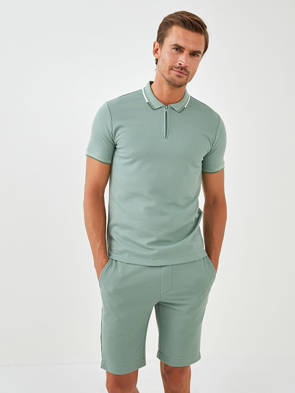 Yeşil Polo Yaka Kısa Kollu Erkek Tişört-2