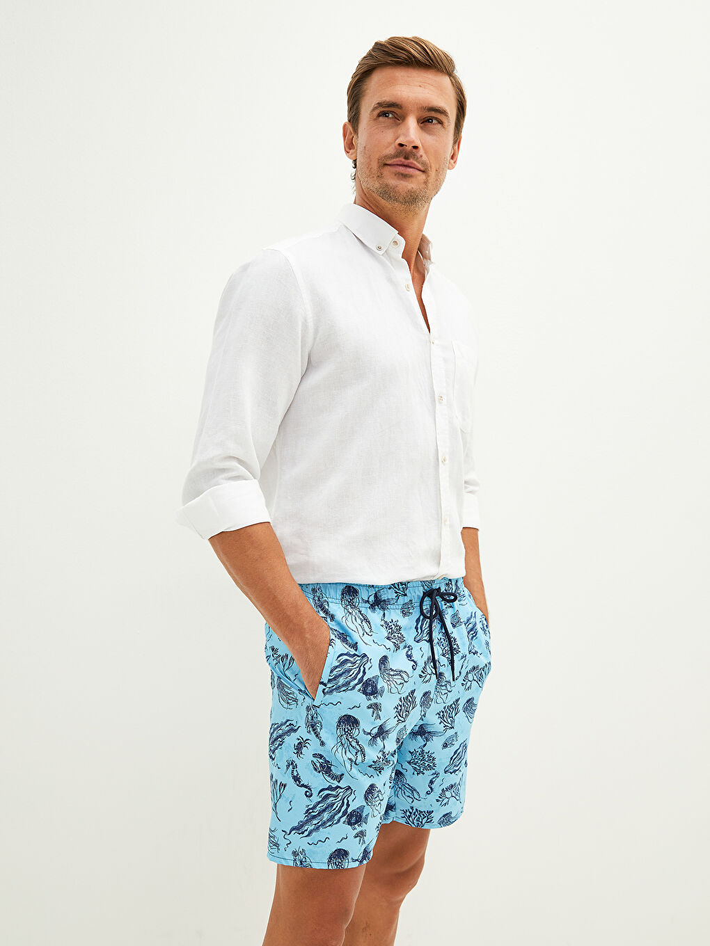 Turkuaz Diz Hizası Boy Desenli Erkek Deniz Şortu-3