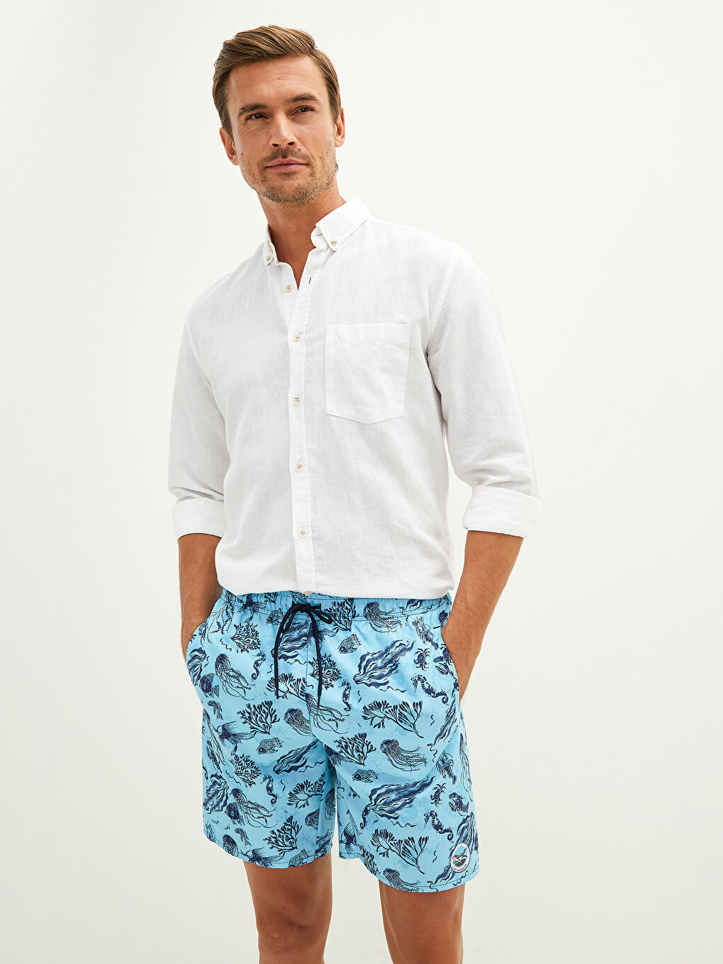 Turkuaz Diz Hizası Boy Desenli Erkek Deniz Şortu-2