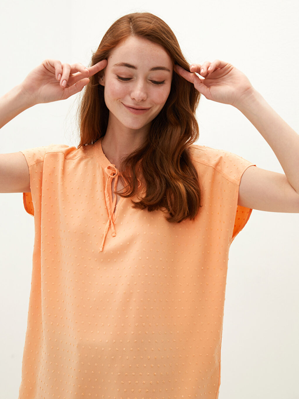 Tie Collar Patterned Short Sleeve Viscose Women's Blouse